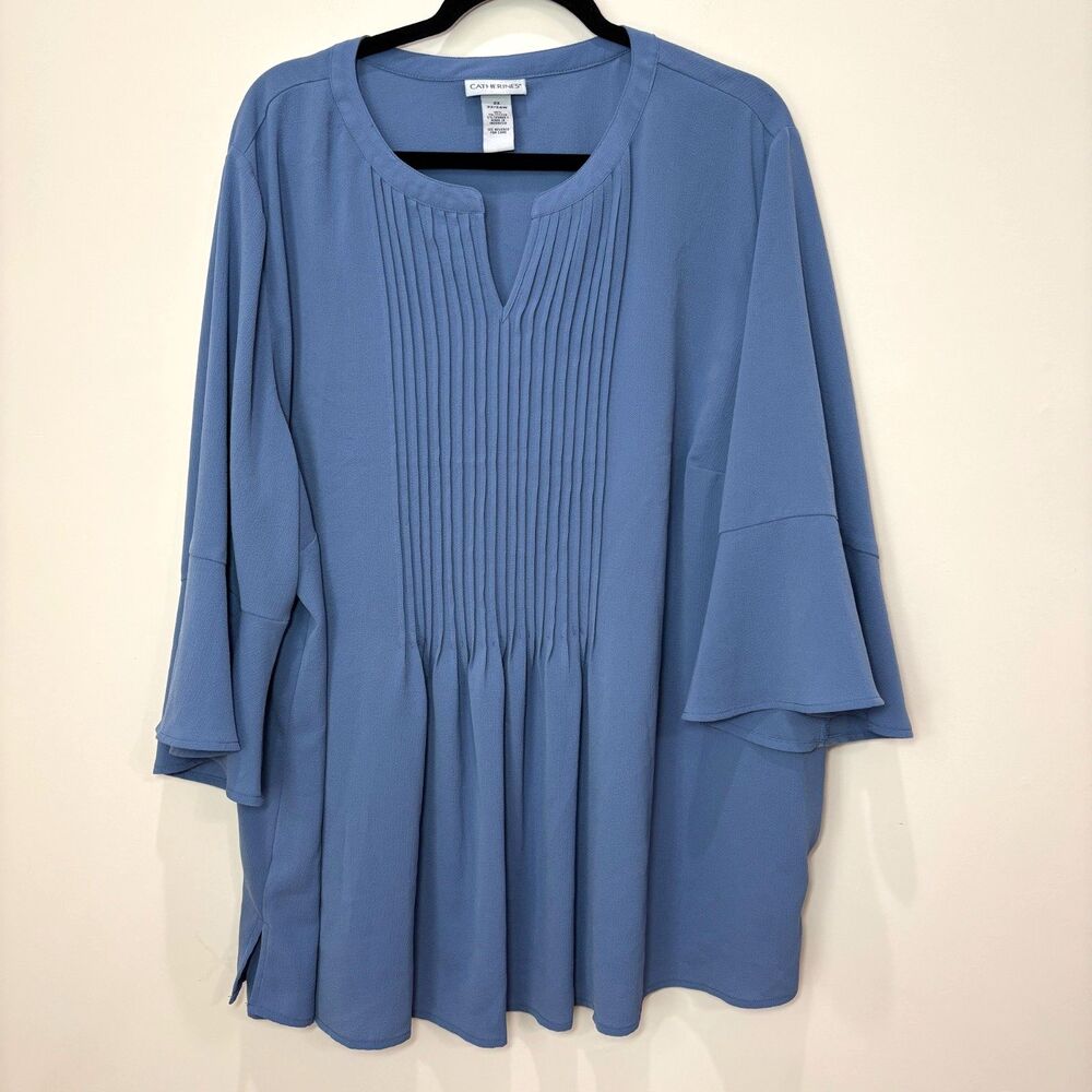 Catherines Georgette Pintuck Popover Blouse sz 2X Blue Bell Sleeves Lightweight